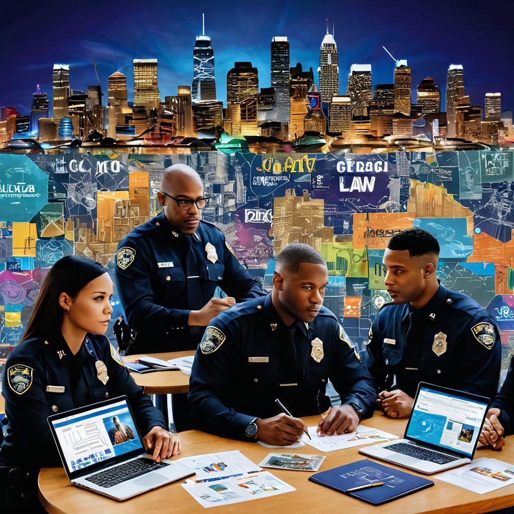 A dynamic collage featuring a diverse group of law enforcement officers brainstorming around a table filled with diverse crime prevention tools, charts, and community engagement activities. In the background, a cityscape representing a vibrant, safe community, with digital overlays showcasing innovative strategies. The scene conveys collaboration, intelligence, and community spirit. super-realistic. vibrant colors. 3D.