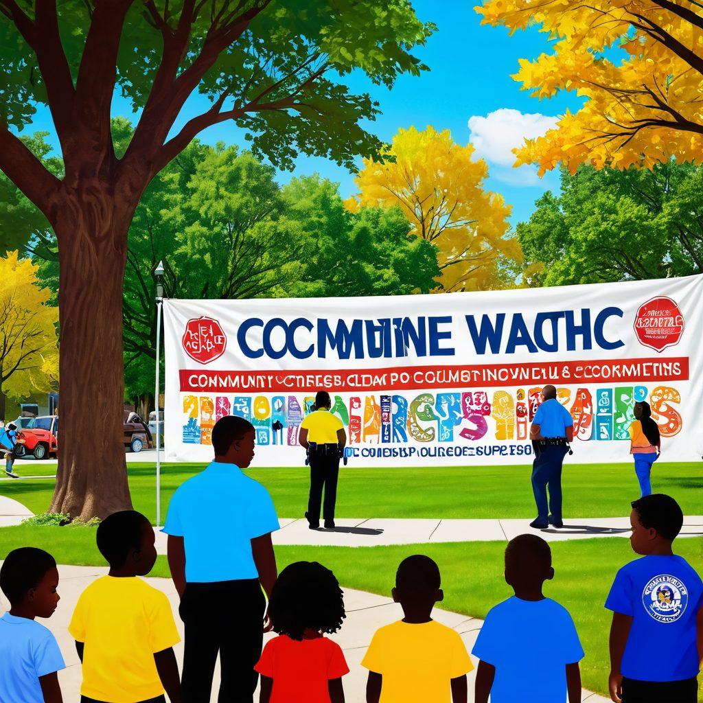 A diverse group gathered under a community center banner discussing crime prevention strategies, with police officers engaging warmly with residents. Include visual elements representing safety like neighborhood watch signs and community outreach programs. The background shows a lively park setting with children playing and trees. Bright and inviting colors to symbolize hope and unity. super-realistic. vibrant colors. community-focused.