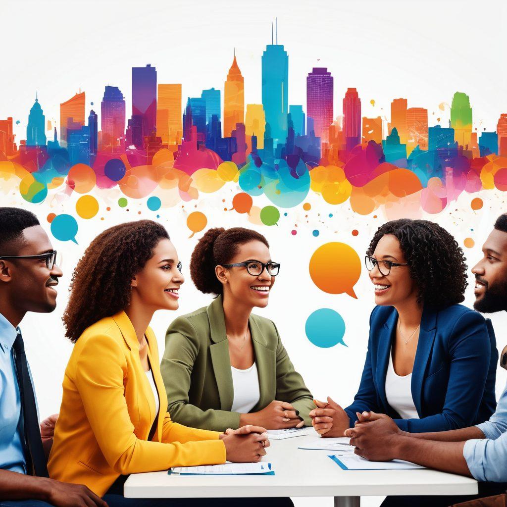 A diverse group of engaged citizens actively participating in a community policing meeting, exchanging ideas and strategies. The backdrop features a vibrant, colorful cityscape with positive energy and collaboration emphasized. Include elements like conversation bubbles and community-related visuals to symbolize empowerment and cooperation. super-realistic. vibrant colors. white background.